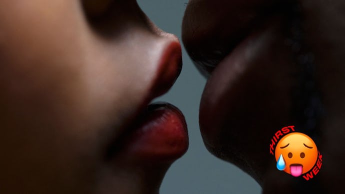 A close-up of a woman's and a man's lips about to kiss with the sweating emoji