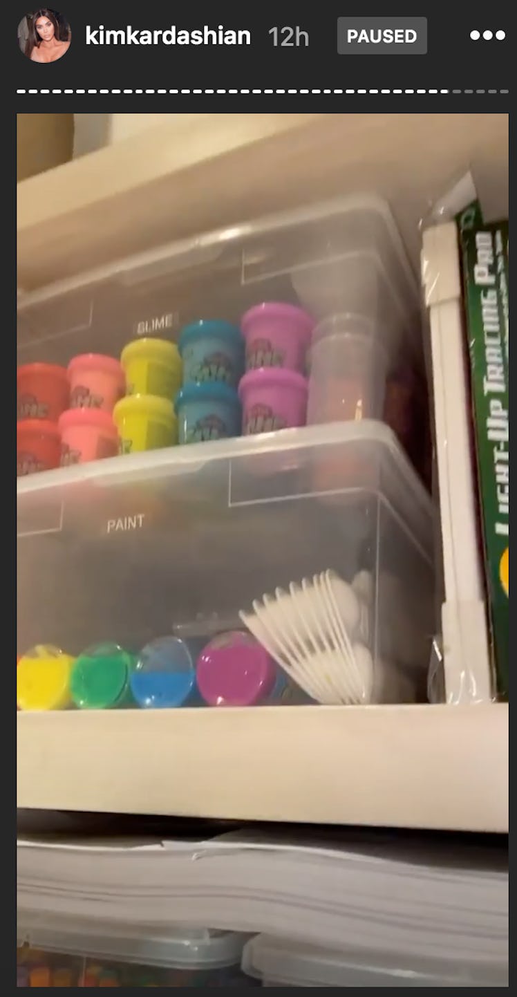Their toy closet is filled with art supplies like slime and crayons. 