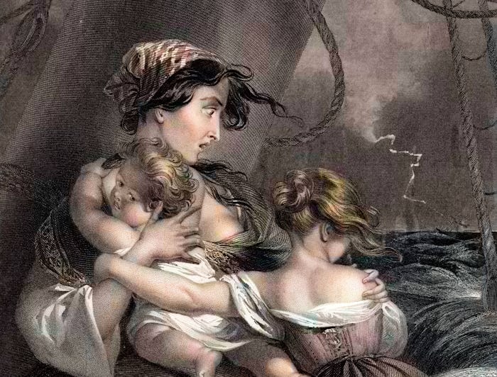 Vintage engraving showing a Victorian mother and her children on a ship during a storm