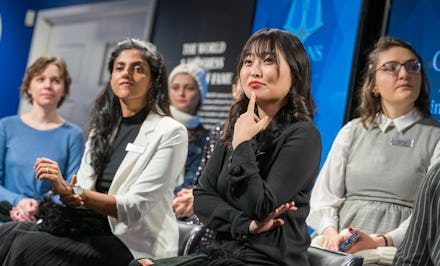 Women's World Champion GM Ju Wenjun, surrounded by her competitors at the 2020 Cairns Cup. Photo by ...