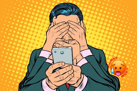 An illustration of a man using one set of hands to type on phone, second set covering his mouth and ...