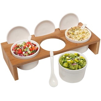 MyGift Ceramic Condiment Set with Bamboo Serving Tray