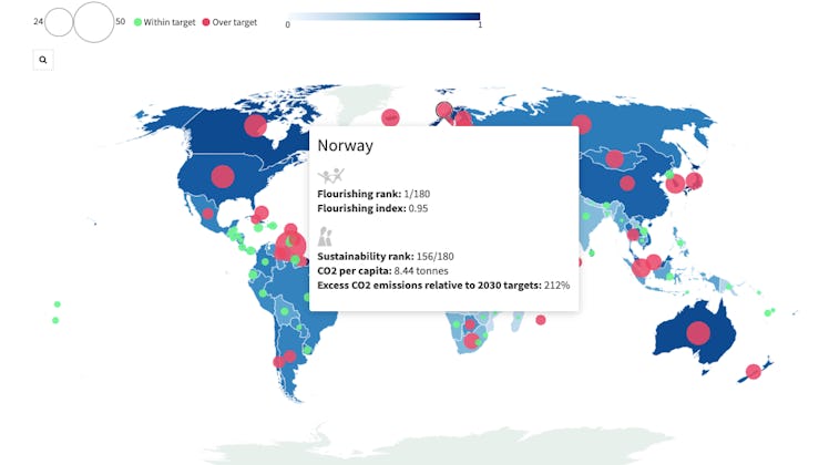 map showing Norway flourishing rank and index