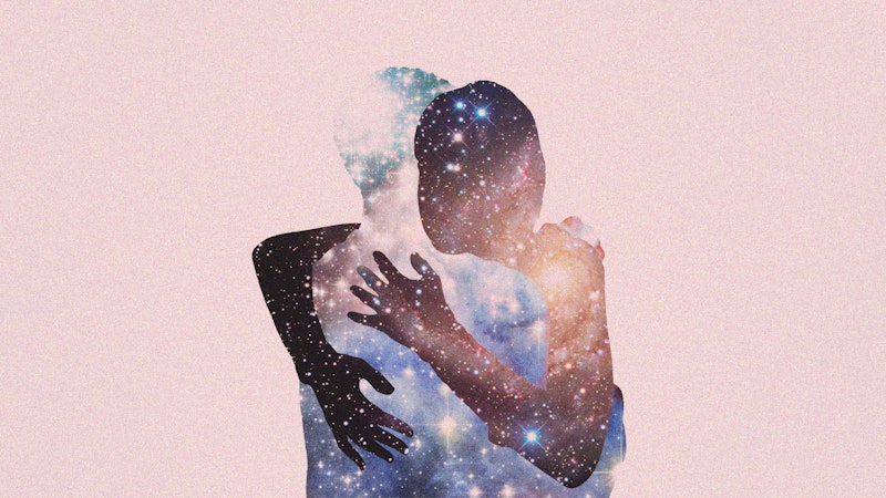 An illustration of a couple, outlined by constellations, hugging. Being open and vulnerable about de...