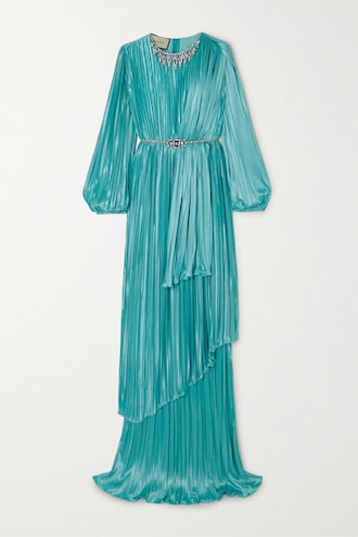 Crystal-Embellished Pleated Satin Gown