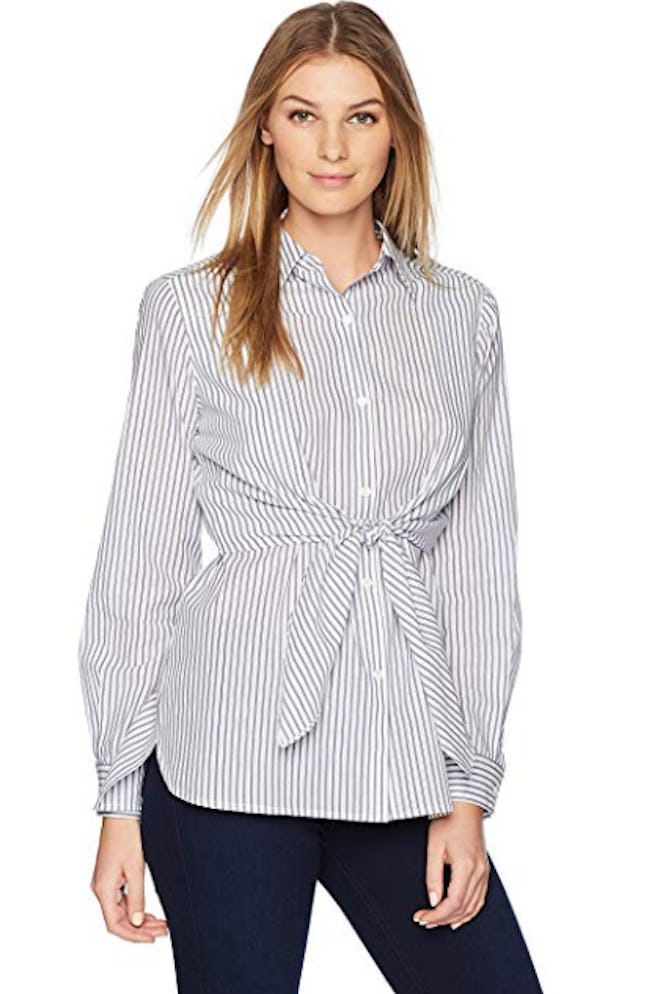 Lark & Ro Women's Woven Collared Top W/Roll Up Sleeve with Button