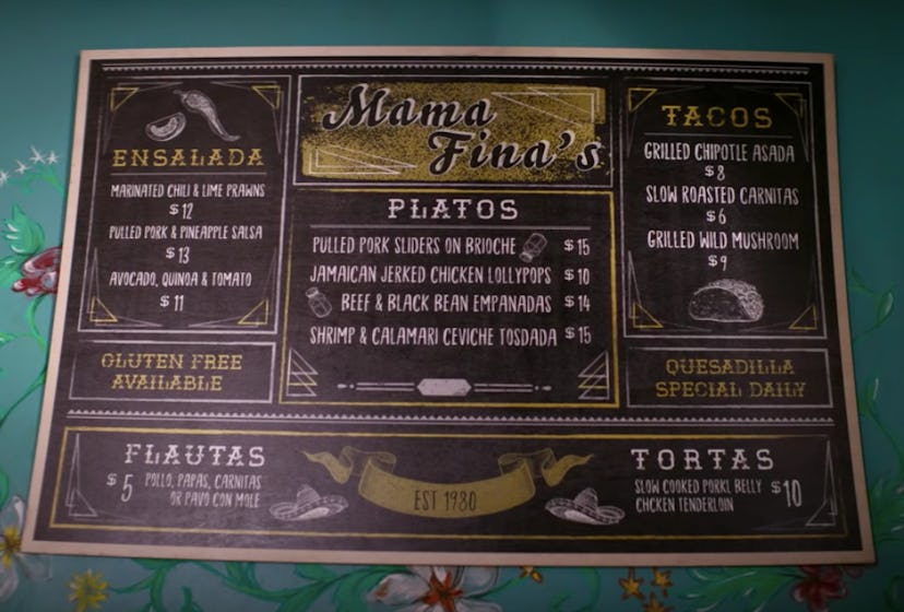 The Mama Fina's menu in 'Gentefied'