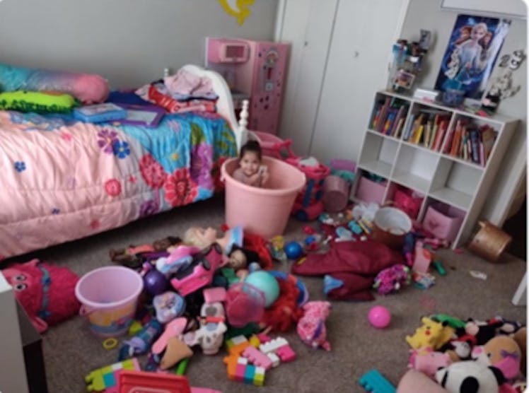 A little girl left her playroom dirty but put herself away and her mom got the picture.