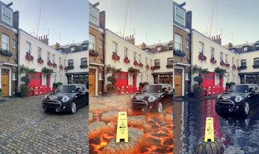 Snapchat's new ground transformation Lenses make the ground look like lava or water. 
