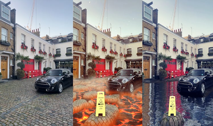 Snapchat's new ground transformation Lenses make the ground look like lava or water.