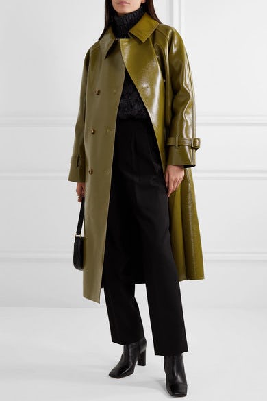 Oversized double-breasted glossed faux textured-leather trench coat
