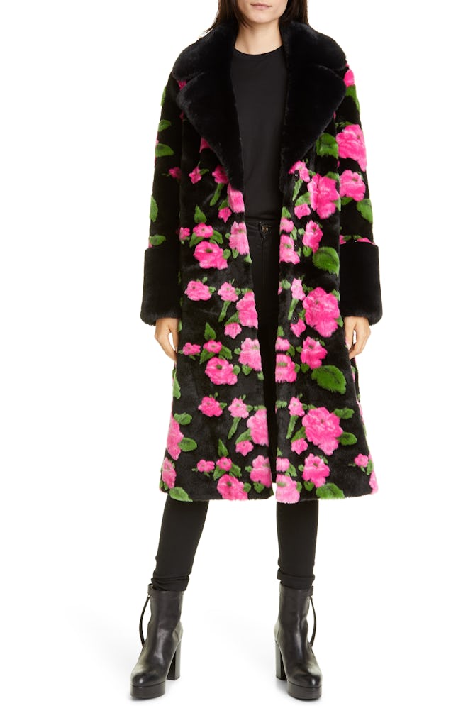 Liliana Flower Print Faux Fur Coat