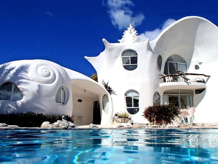 The World Famous Seashell House on Airbnb has a dreamy pool and white exterior that's incredibly bri...