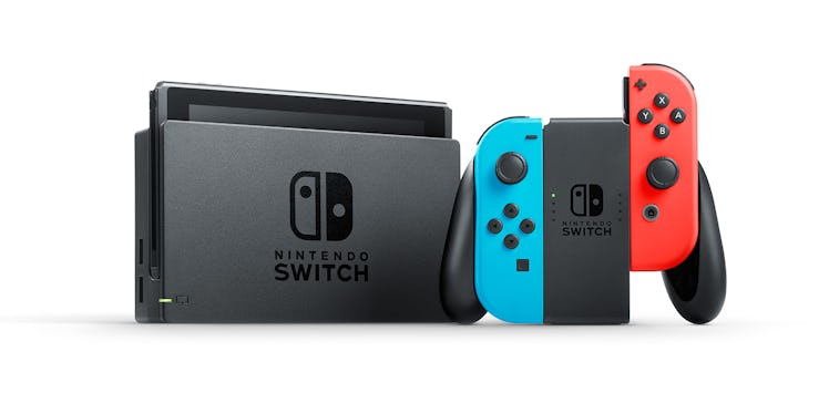 Black Nintendo Switch console and a black, blue, and red controller