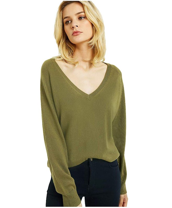 Kallspin Deep V-Neck Cashmere Wool Blend Sweater