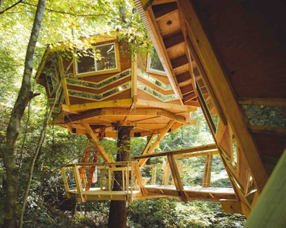 A round treehouse in Kentucky has mirrors all around and is available to rent on Airbnb.