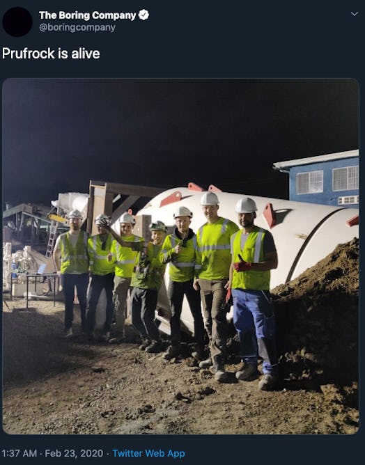 The Boring Company tweet of announcing that Prufrock is alive