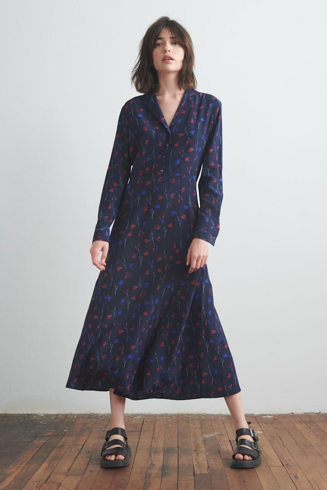 Silk Shirt Dress Navy Print