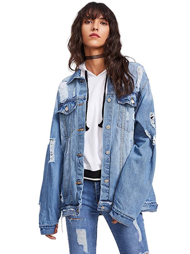 Floerns Women's Ripped Long Sleeve Denim Jacket