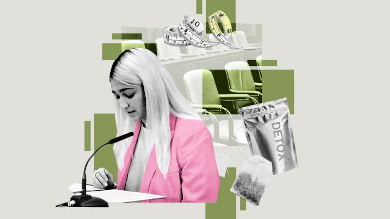 An illustration of the author, testifying on the impact detox teas had on her digestive system