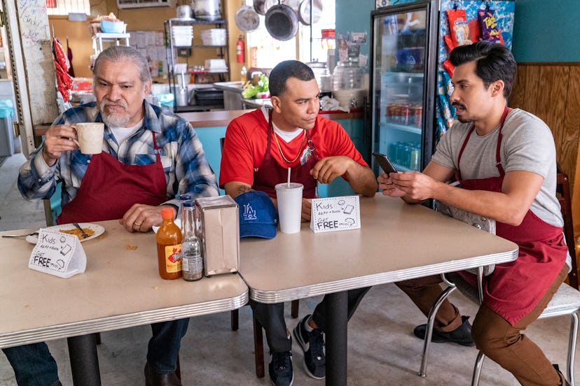 Pop, Erik, and Chris brainstorm how to save Mama Fina's in Gentefied.