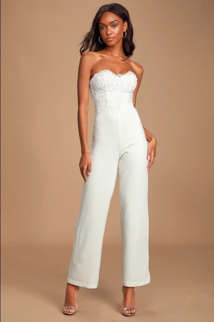 All Your Heart White Lace Strapless Jumpsuit
