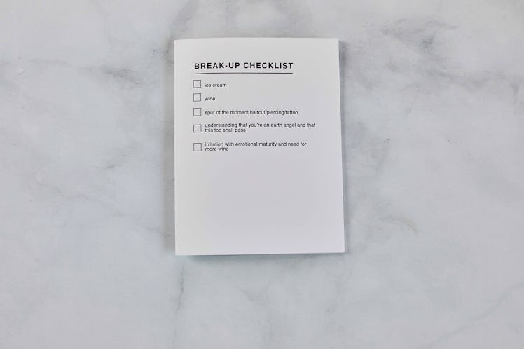 A note from Small Packages details a "break-up checklist" including wine, ice cream, and a spur of t...