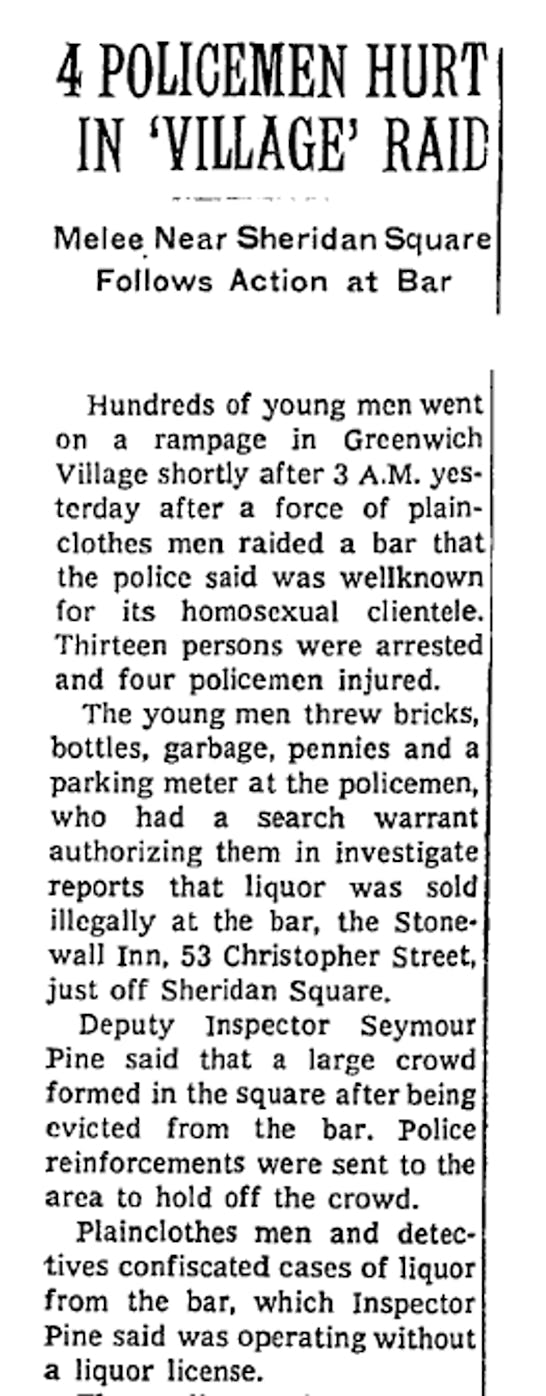 The first article on Stonewall to appear in The New York Times.
