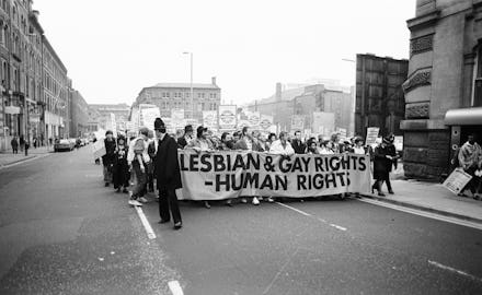 Protesters in Manchester, U.K., 1988.