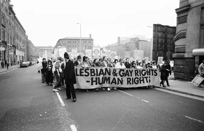 Protesters in Manchester, U.K., 1988.