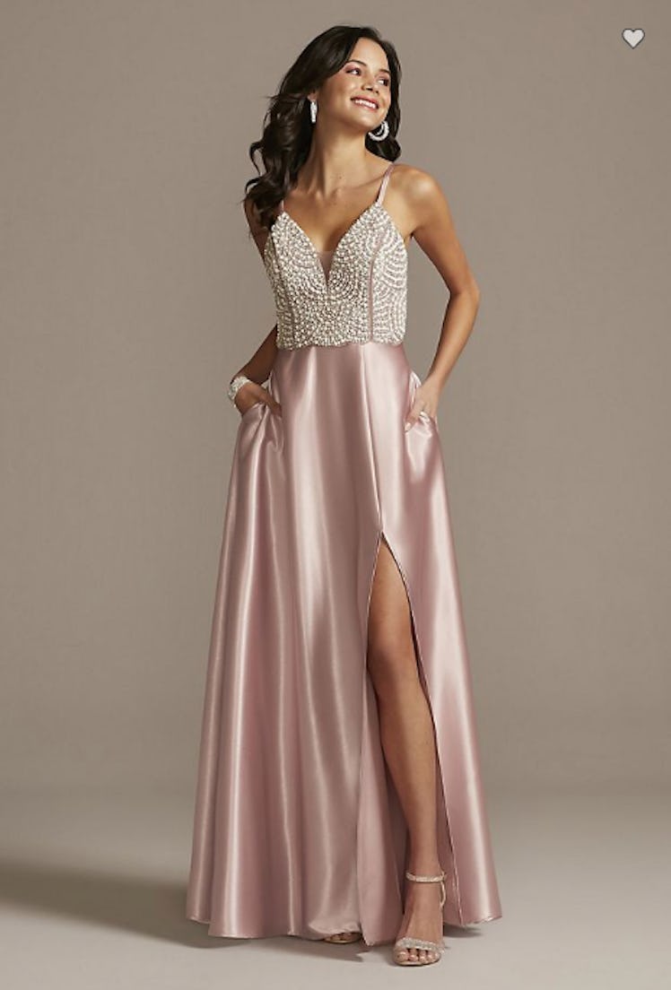 Plunging-V Beaded Bodice Satin Gown with Slit