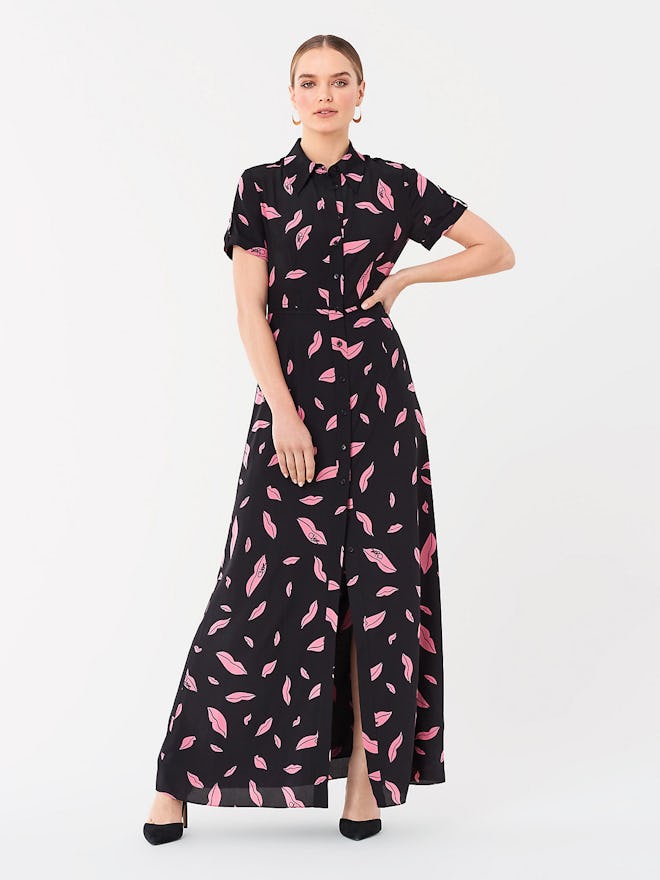 Georgia Silk Crepe De Chine Maxi Shirt Dress - Falling Lips Black