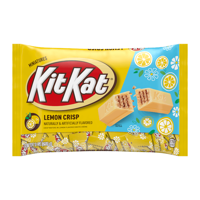 An image of a yellow bag of Kit Kats with lemon flavor.