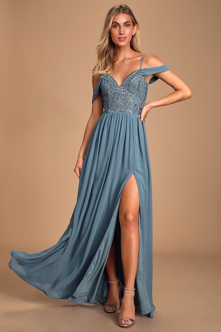Dancing Darling Slate Blue Off-the-Shoulder Maxi Dress