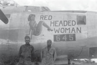Soliders in World War 2 standing in front of a plane with racy nose art.