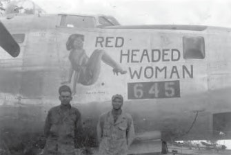Soliders in World War 2 standing in front of a plane with racy nose art. 