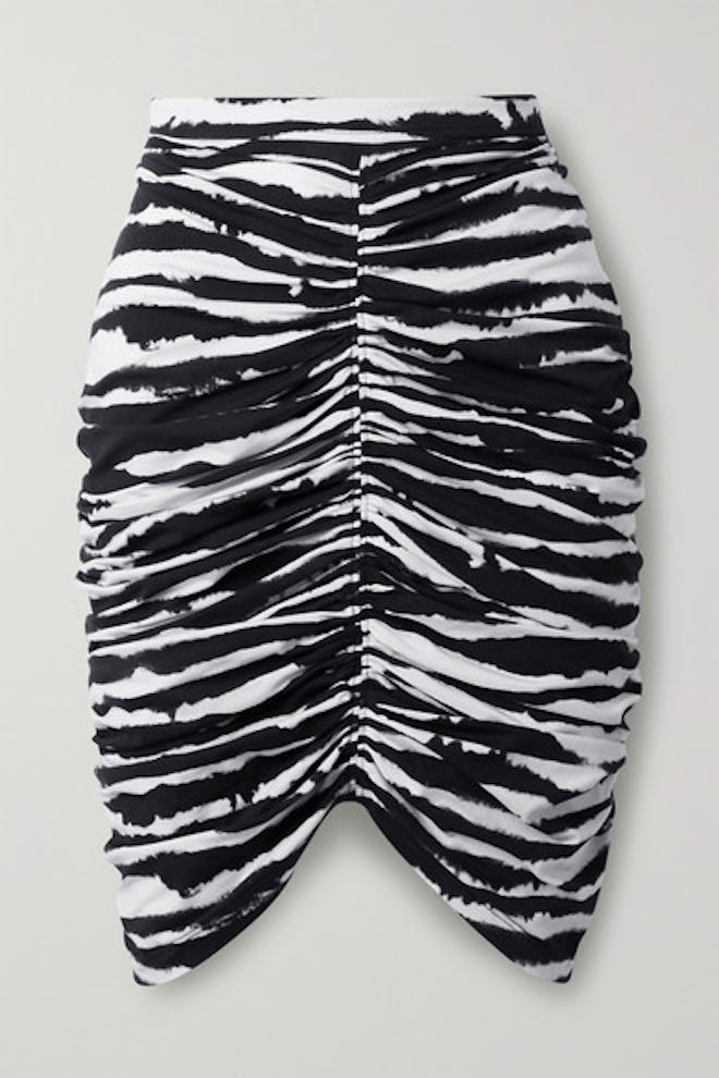 Ruched Zebra-Print Stretch-Cotton Mini Skirt