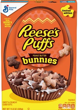 A bright yellow box of Reese's Peanut Butter Bunnies cereal.