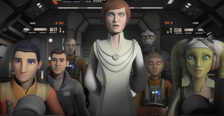 Characters from the new animated Star Wars TV show standing still in the spaceship