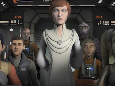 Characters from the new animated Star Wars TV show standing still in the spaceship