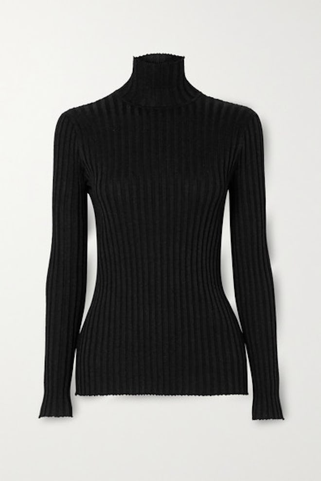 Glittered Ribbed-Knit Turtleneck Sweater