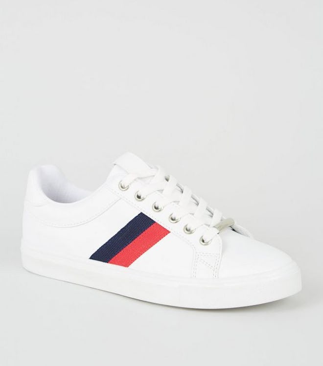 New Look White Leather-Look Side Stripe Trainers