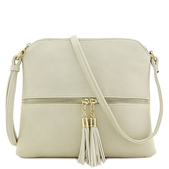 Lightweight Medium Crossbody Bag with Tassel (Beige)