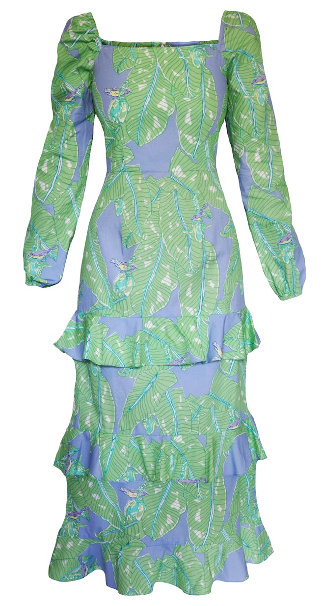 Long Sleeve Three Tiered Ruffle Dress - Banana Leaf/Hummingbird