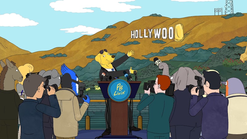 Mr. Peanutbutter (voiced by Paul F. Tompkins) in front of the Hollywoo sign