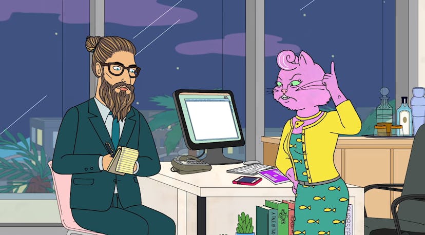 Judah (voiced by Diedrich Bader) and Princess Carolyn (voiced by Amy Sedaris) in BoJack Horseman