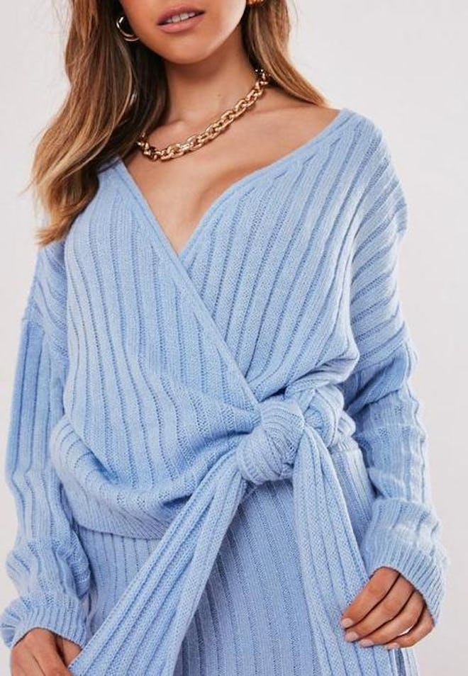 Blue Co Ord Wrap Tie Knitted Jumper