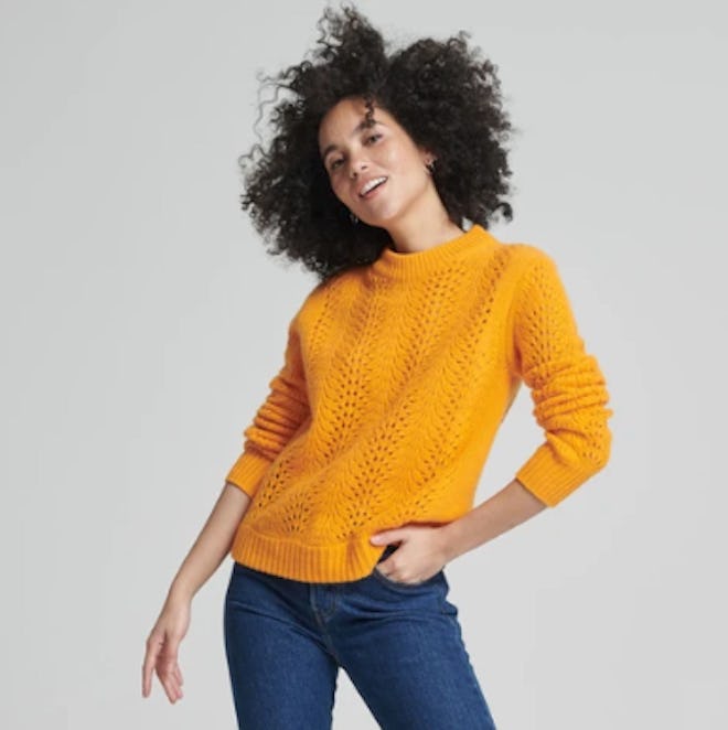 Lace Pointelle Crew Pullover Apricot