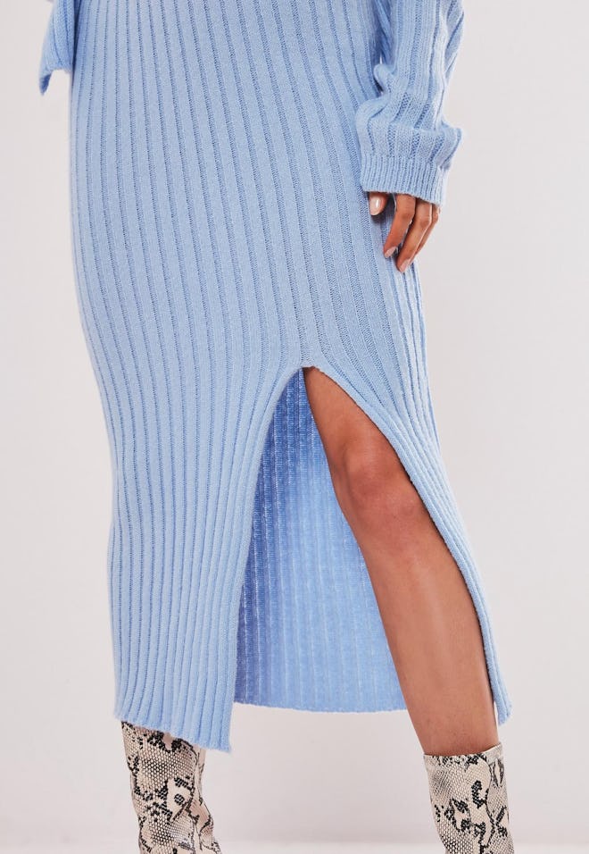 Blue Co Ord Front Split Knitted Midi Skirt