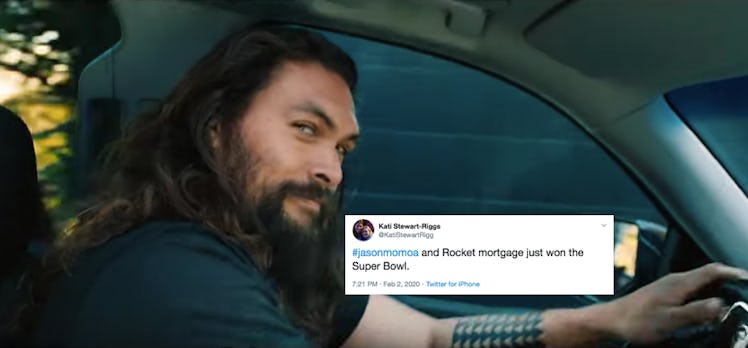 Jason Momoa drives his car and smiles on a sunny day in a Rocket Mortgage Super Bowl commercial.